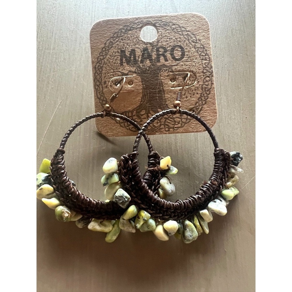 Boho Green Stone Hoop Earrings Brown Woven‎ Fiber Artisan Earthy Rustic Natural